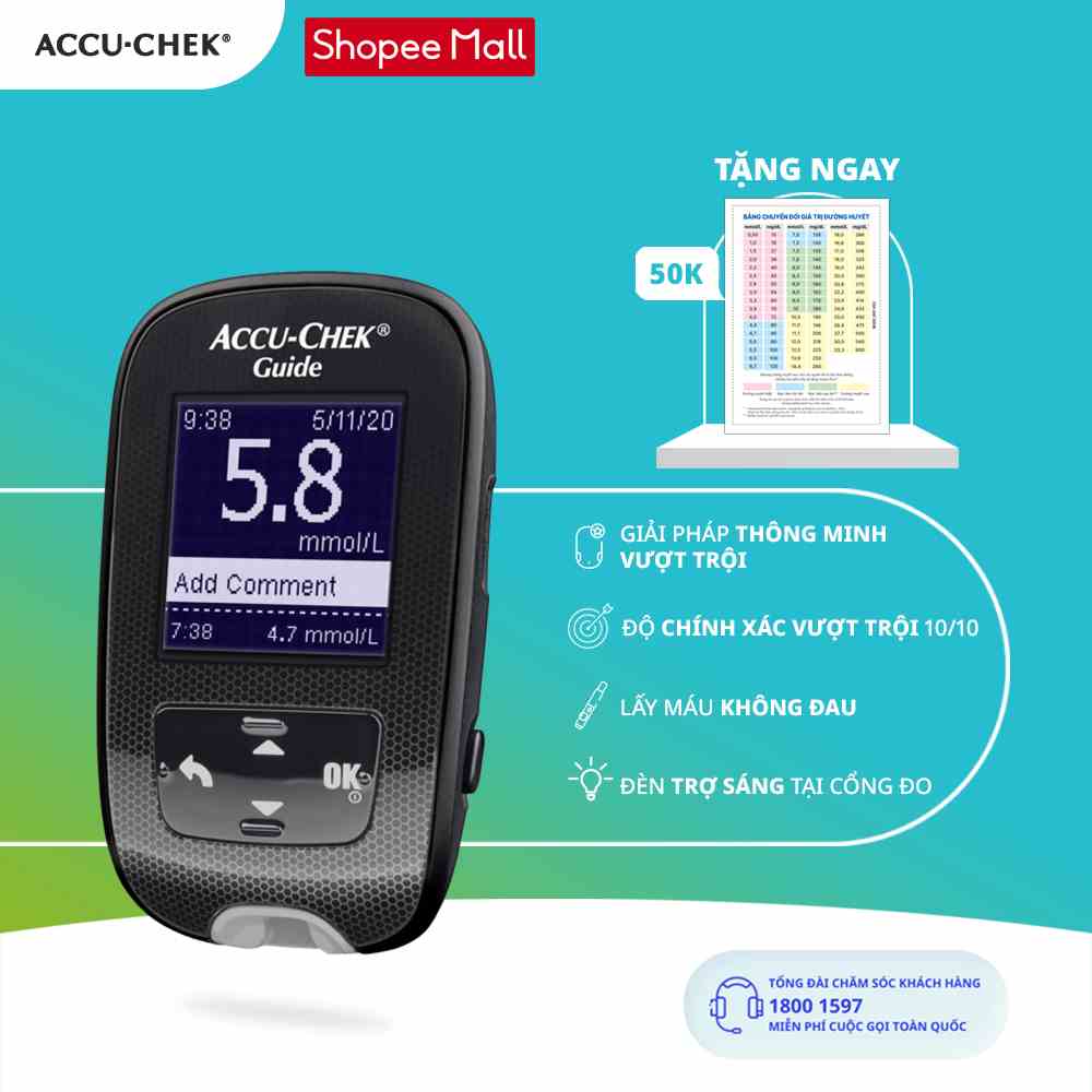 Máy Đo Đường Huyết ACCU-CHEK® Guide Màn Hình LCD Rộng, Có Trợ Sáng Tại Cổng Đo - Chưa Có Que Thử