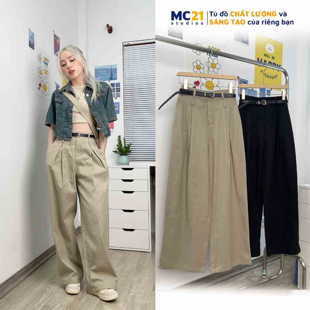 Quần kaki MC21.STUDIOS dáng dài ống rộng lưng cạp cao bigsize kèm thắt lưng Ulzzang Streetwear Hàn Quốc Q3612