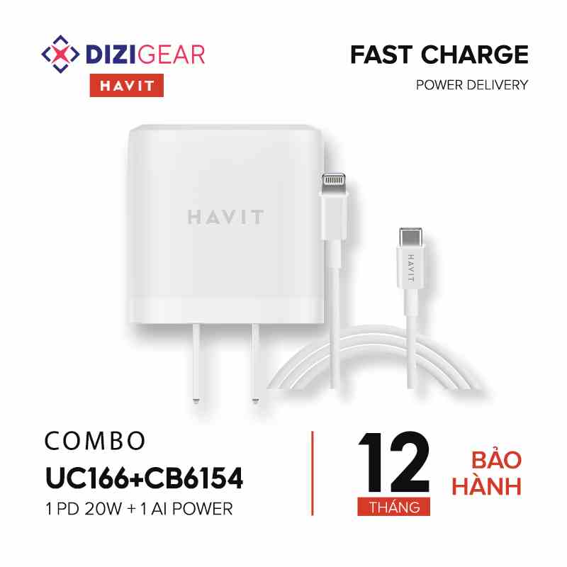 Combo Sạc Nhanh 20W HAVIT, Cốc Sạc Nhanh 2 Cổng UC166 + Cáp C-L CB6154 - Hàng Chính Hãng