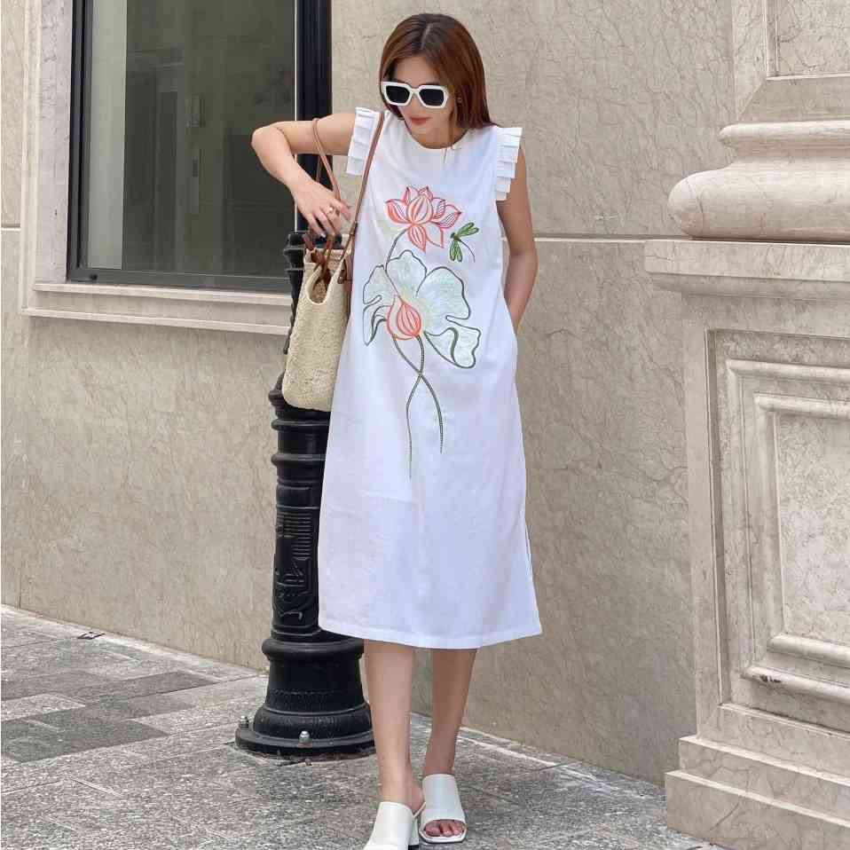 Đầm linen dáng suông thêu hoa tay xếp ly Callene (XK731)