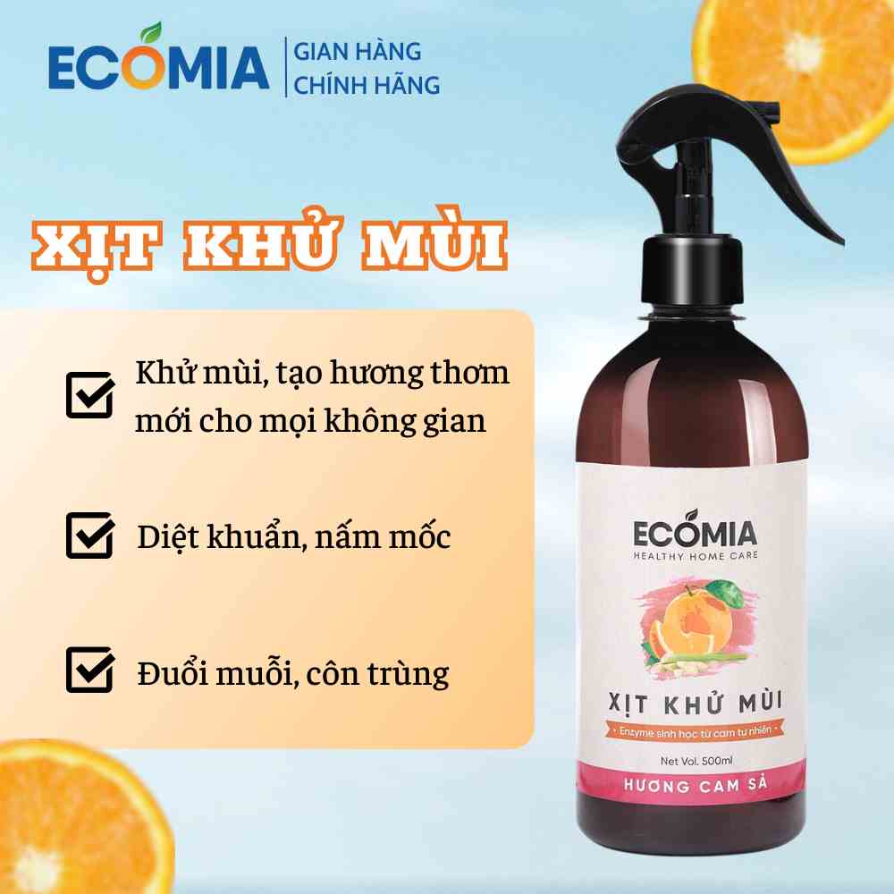 Xịt Khử Mùi, Khử Khuẩn Đa Năng Ecomia chiết xuất Thiên Nhiên Enzyme hữu cơ, khử mùi giày, ô tô, nhà cửa Hương Cam Sả