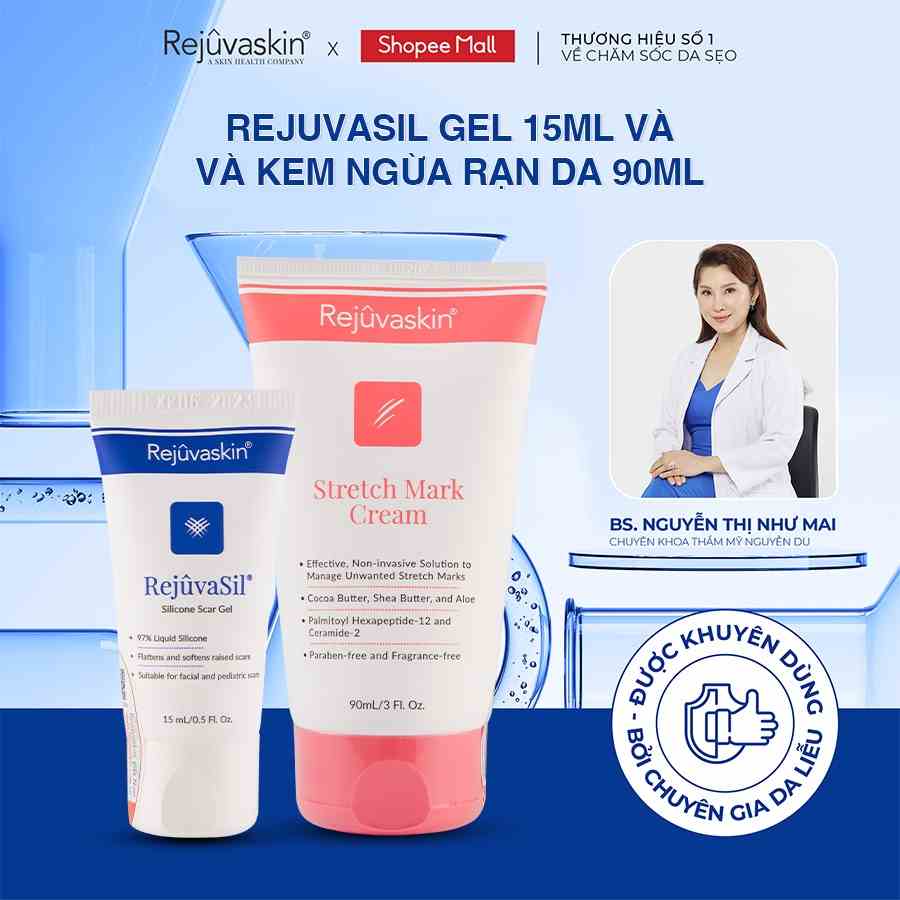 Combo ngăn ngừa sẹo, rạn da Rejuvaskin Rejuvasil Silicon Scar Gel 15ml x Stretch Mark Cream 90ml - DH Beauty