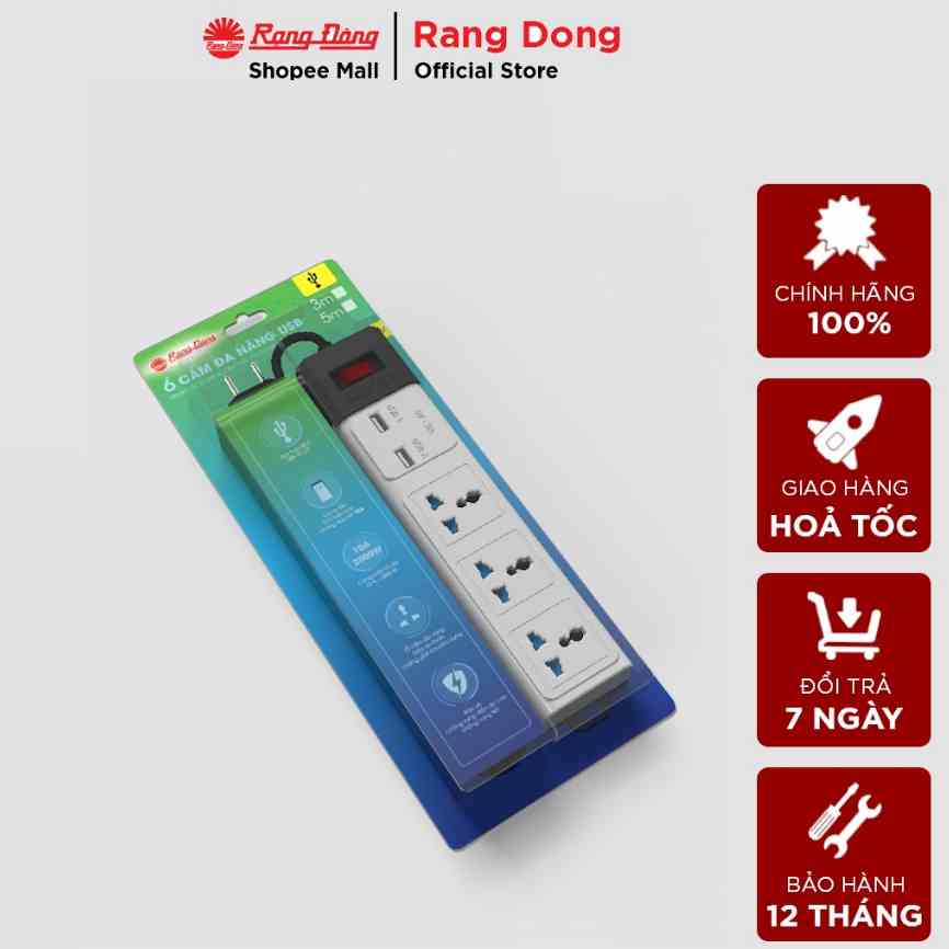 Ổ cắm đa năng USB CHỐNG GIẬT dây 3M/5M, Sạc nhanh 5V-2a, tích hợp RƠ-LE tự ngắt Rạng Đông - Model: OC02.USB 3C/10A