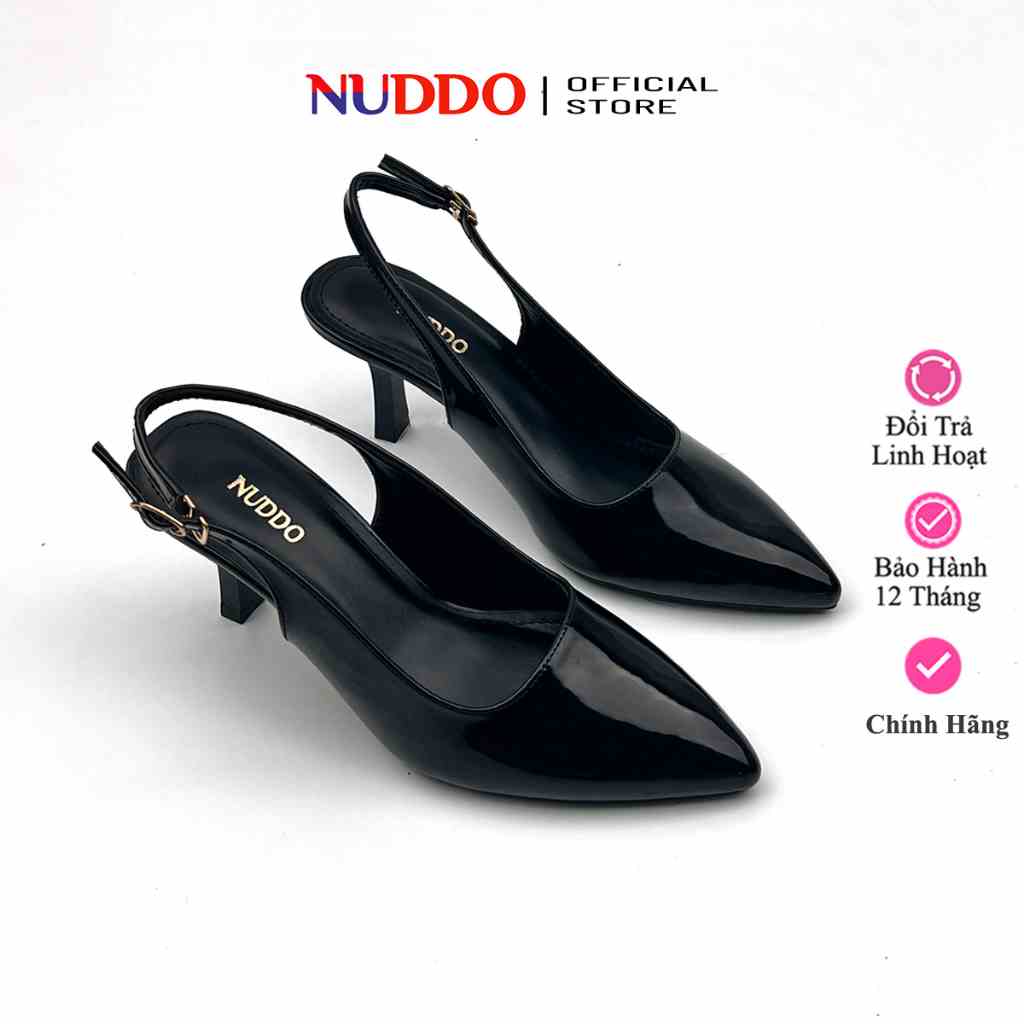 Giày Cao Gót Nữ Bít Mũi 7 phân Quai Sau, Guốc Mũi Nhọn Dáng Slingback Da Bóng Thời Trang NUDDO N127