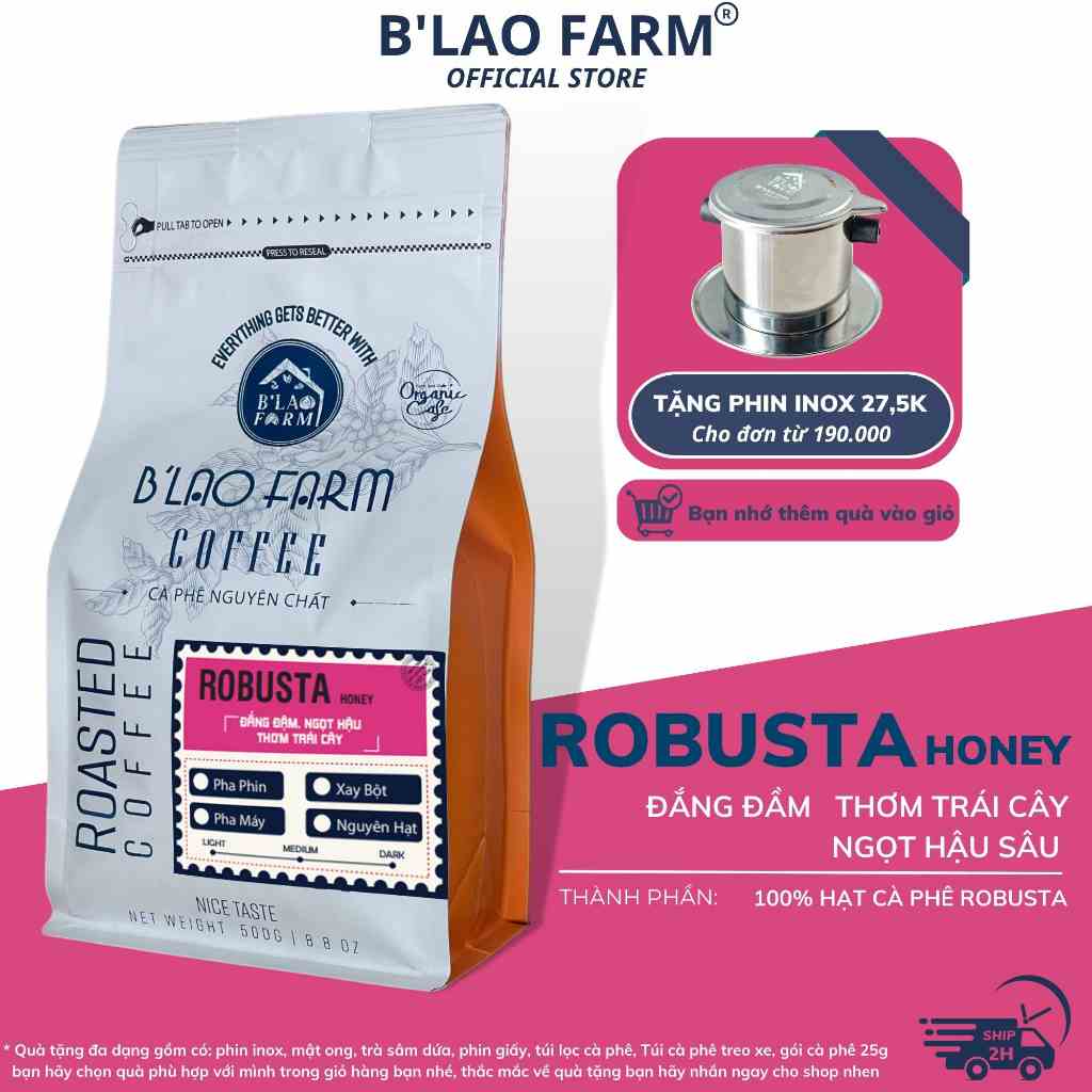 Cà phê ROBUSTA HONEY CAO CẤP BLao Farm rang mộc nguyên chất đắng đậm hậu vị ngọt thơm trái cây túi 250g/500g