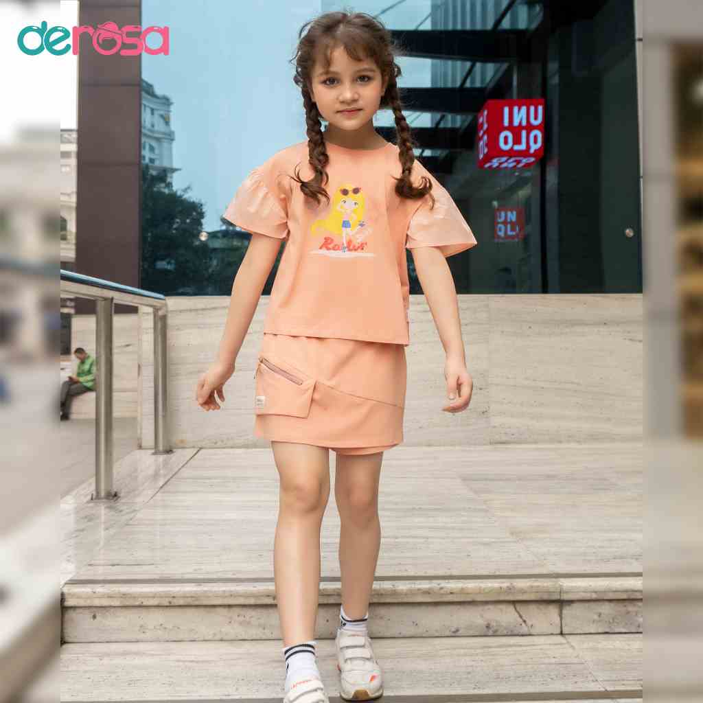 Bộ thun cộc tay size đại cho bé gái DEROSA KIDS kiểu dáng quần váy từ 6 đến 14 tuổi ZST23-406