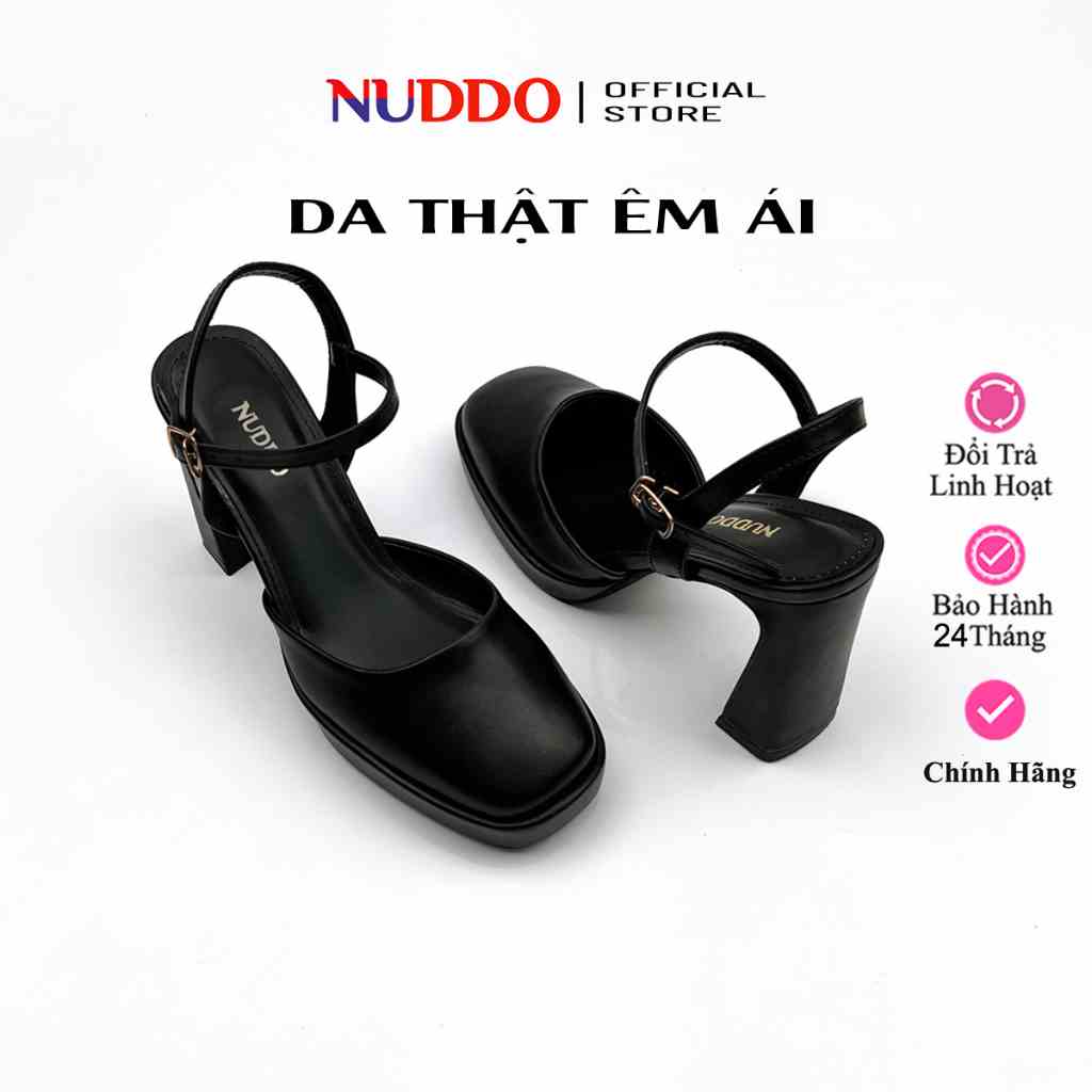 Giày Sandal Cao Gót Nữ Đế Vuông Bít Mũi 9 Phân Da Thật, Guốc Nữ Đế Đúp Mũi Vuông 9cm NUDDO N908