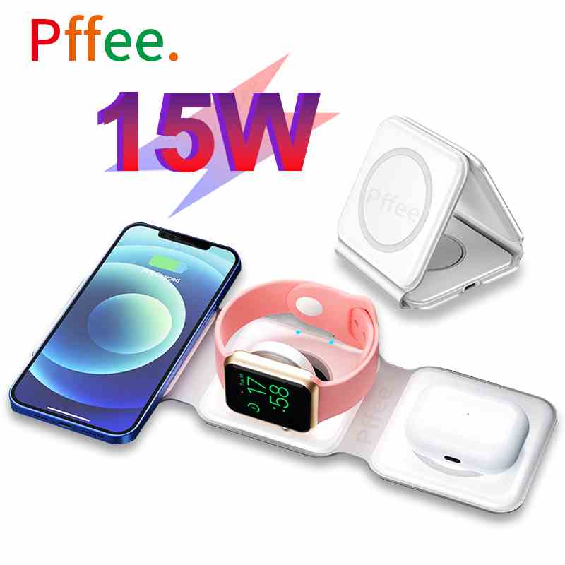 Pffee Đế Sạc Không Dây 3 Trong 1 15W QI Cho Điện Thoại Iphone 15 14 i-Watch 8 7 se 6 5 4 3 2