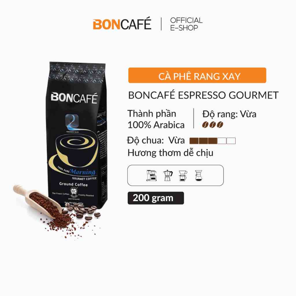 Cà phê rang xay nguyên chất Arabica rang vừa Boncafé Gourmet Morning 200g - Cà phê pha phin, pha espresso