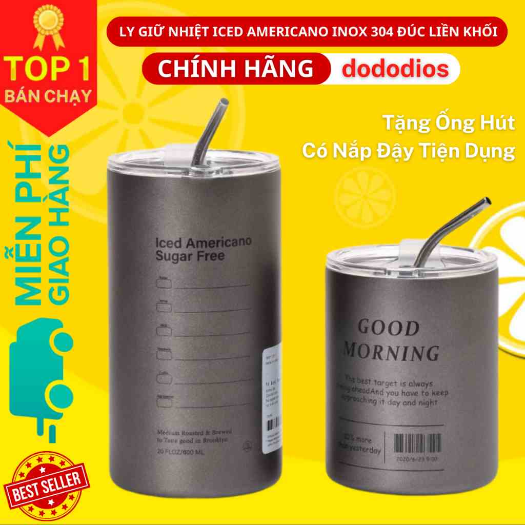 Bình đựng nước giữ nhiệt Iced Americano có ống hút dung tích 600ml, Ly cốc giữ nhiệt cute uống cà phê dùng văn phòng