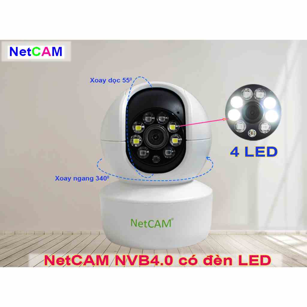 Camera WiFi Trong Nhà NetCAM NVB4.0 (4MP), Có Đèn Led, Xoay 360 độ, Đàm thoại 2 chiều, Cảnh báo chuyển động