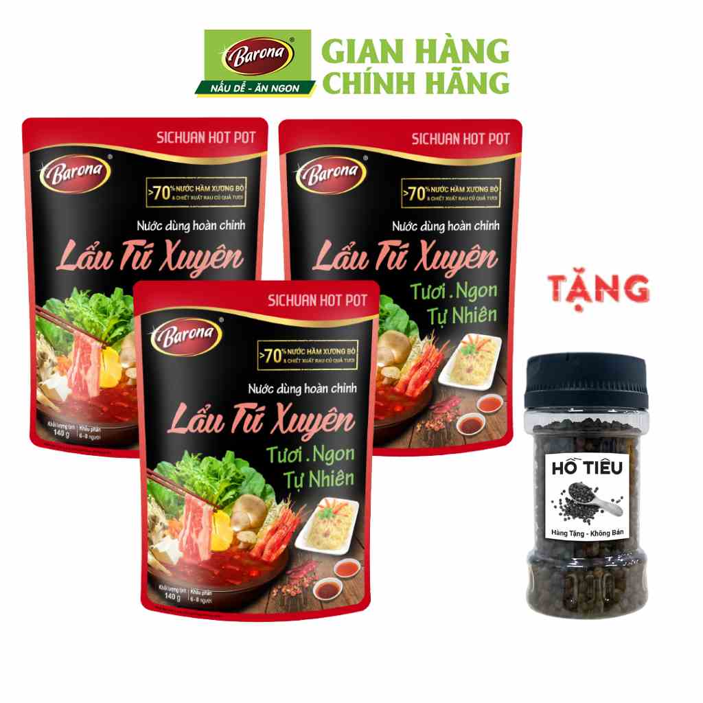 Combo 3 gói Nước dùng Lẩu Tứ Xuyên Barona 140g, tặng tiêu hạt