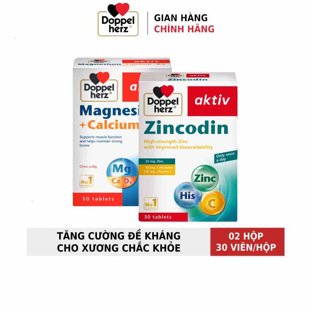 Bộ đôi bổ sung kẽm, vitamin C, Canxi, Vitamin D3 hỗ trợ đề kháng và xương khớp Doppelherz Zincodin + Magie Canxi D3