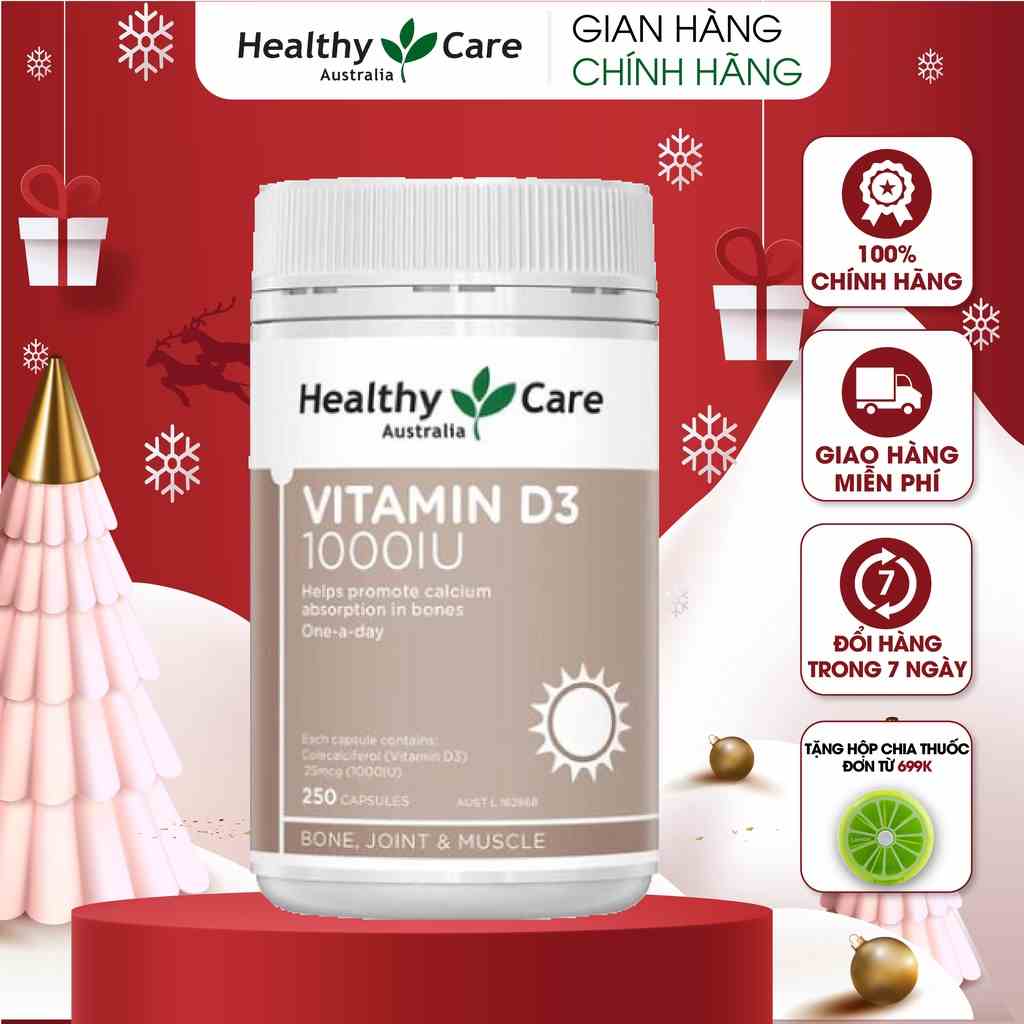 Viên uống chống loãng xương Healthy Care Vitamin D3 1000IU 250 viên Úc