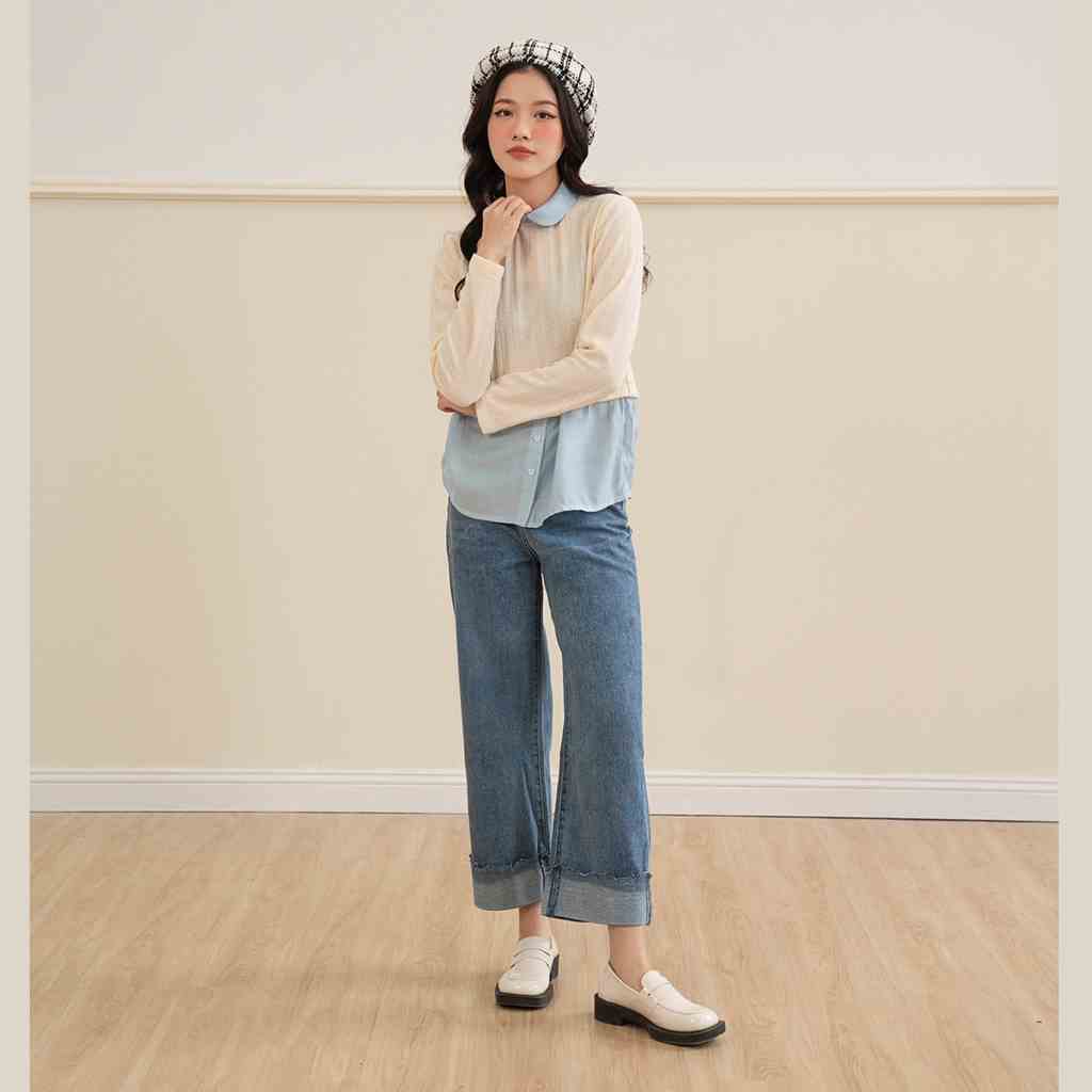 BLEUBIRD Áo len mỏng phối lụa Combined Top