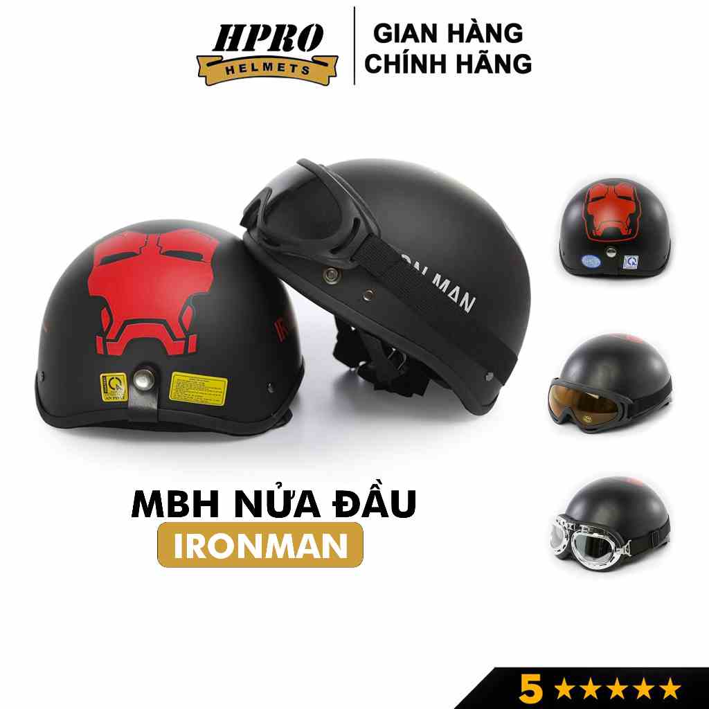 Mũ bảo hiểm nữa đầu Hpro Helmet chính hãng, nón 1/2 Freesize (55-59cm), tem người sắt IRONMAN mạnh mẽ