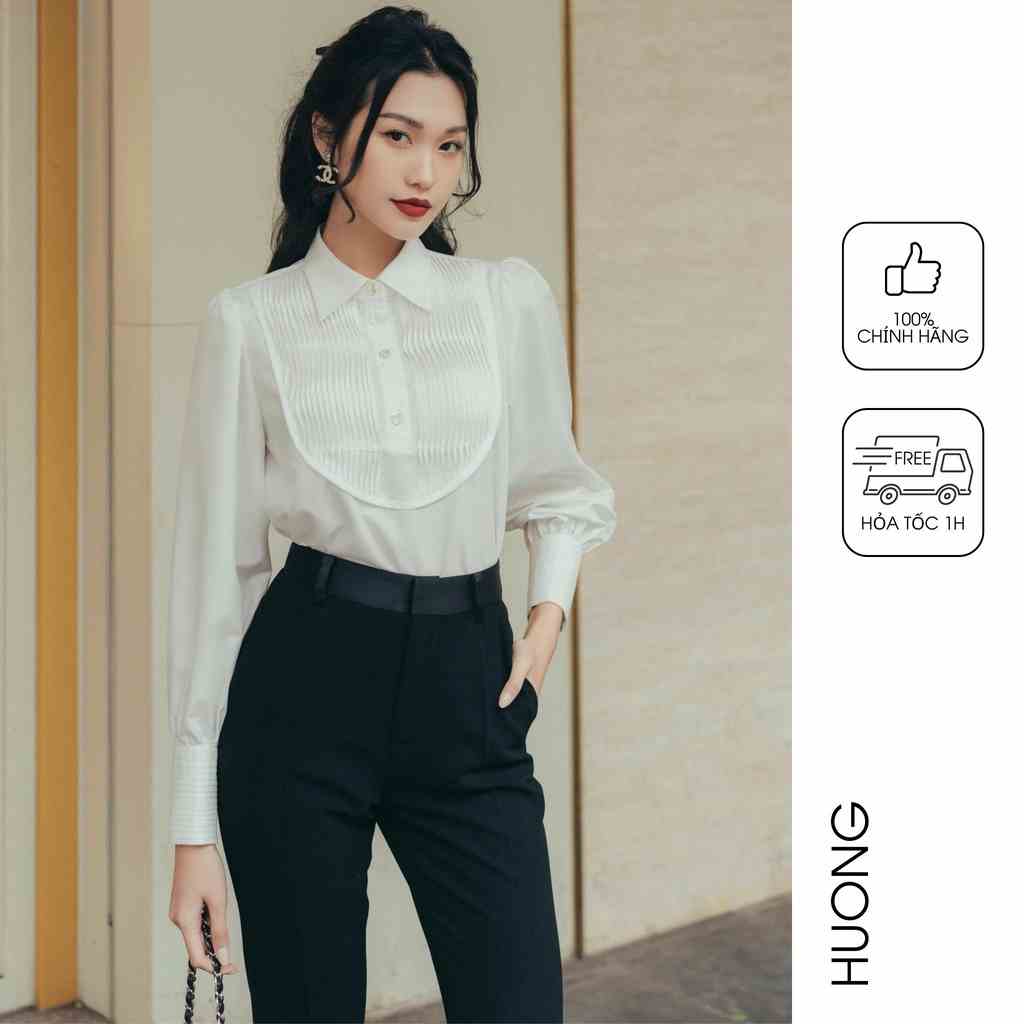 Áo sơ mi cotton lụa xếp li sóng ngực HUONG BOUTIQUE HBSM1029