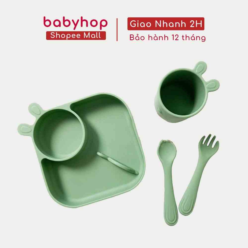 Bộ khay cốc thìa dĩa silicon thương hiệu Hermon 1 set 3 phụ kiện hình thỏ cho bé phân phối bởi Babyhop