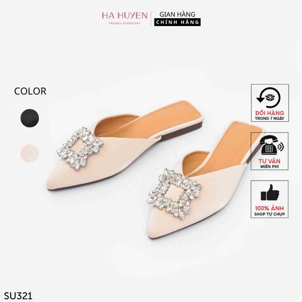 [Mã BMLTB200 giảm đến 100K đơn 499K] Sục nữ đế bằng Hà Huyền Shoes chất da mũi nhọn đính đá vuông cao cấp - SU321