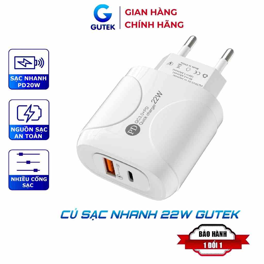 Củ sạc nhanh PD 22w Gutek APD-AC20 2 cổng qc3.0 Type-C và USB an toàn