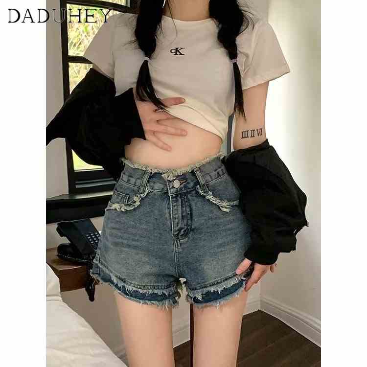 Quần short jean DADUHEY dnags chữ A lưng cao viền thô thời trang phong cách Hàn Quốc cho nữ