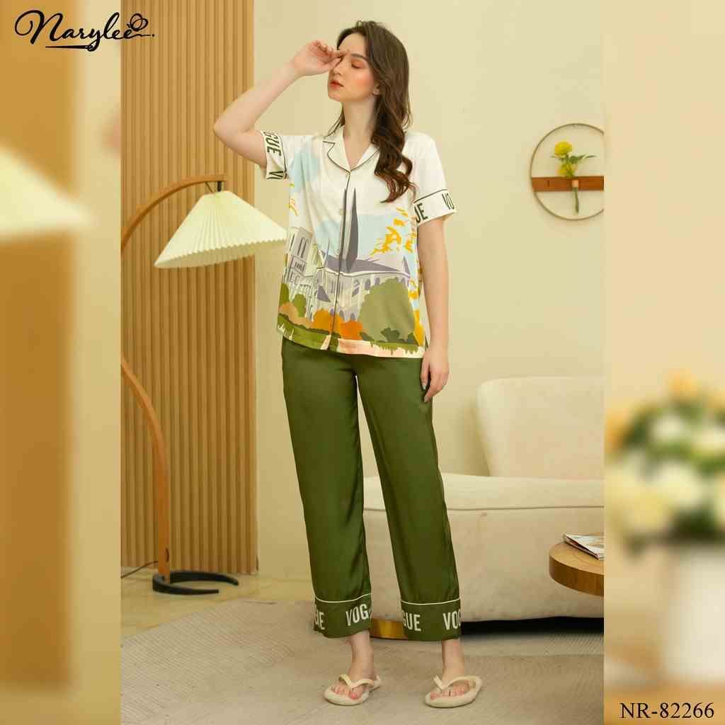 PYJAMA LỤA BĂNG ÁO TAY CỘC QUẦN DÀI HỌA TIẾT NARYLEE