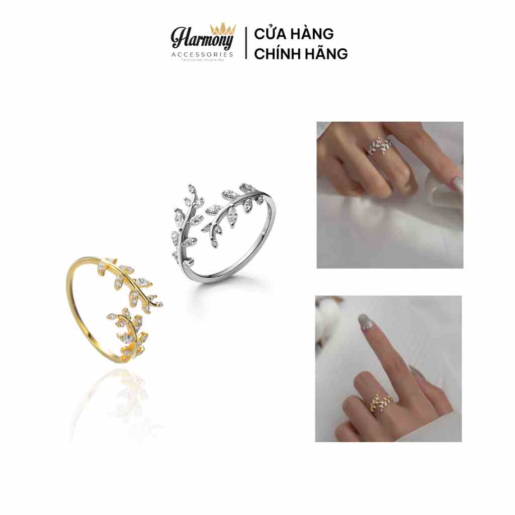 Nhẫn nữ bạc thật 925 xi bạch kim và mạ vàng hình lá oliu đính đá phong cách hàn quốc | HARMONY ACCESSORIES N83