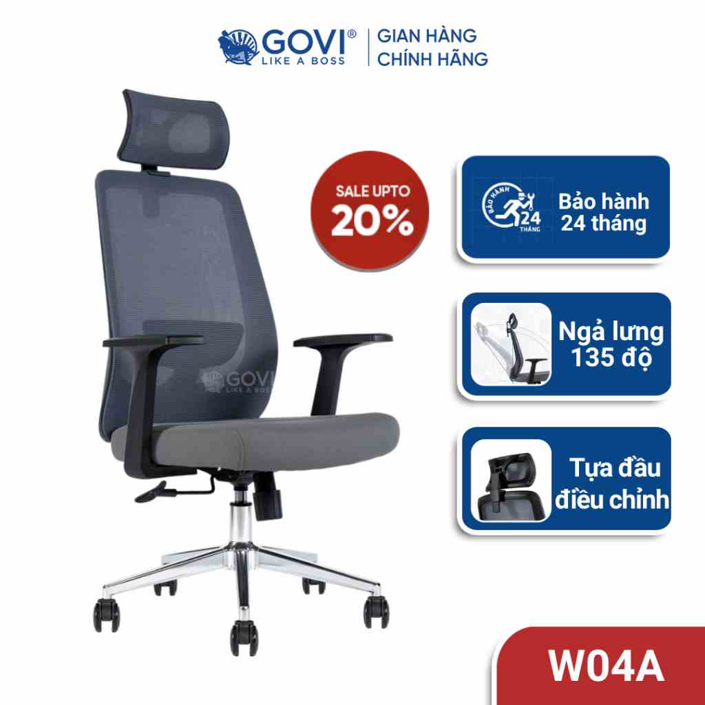 Ghế xoay văn phòng Govi W04A - Có tựa đầu xoay tròn 360 độ nâng hạ di chuyển nhẹ nhàng