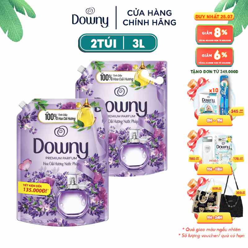 Combo 2 Túi Nước Xả Vải Downy Tinh Dầu Nước Hoa Cao Cấp Hương Hoa Oải Hương 3L/túi