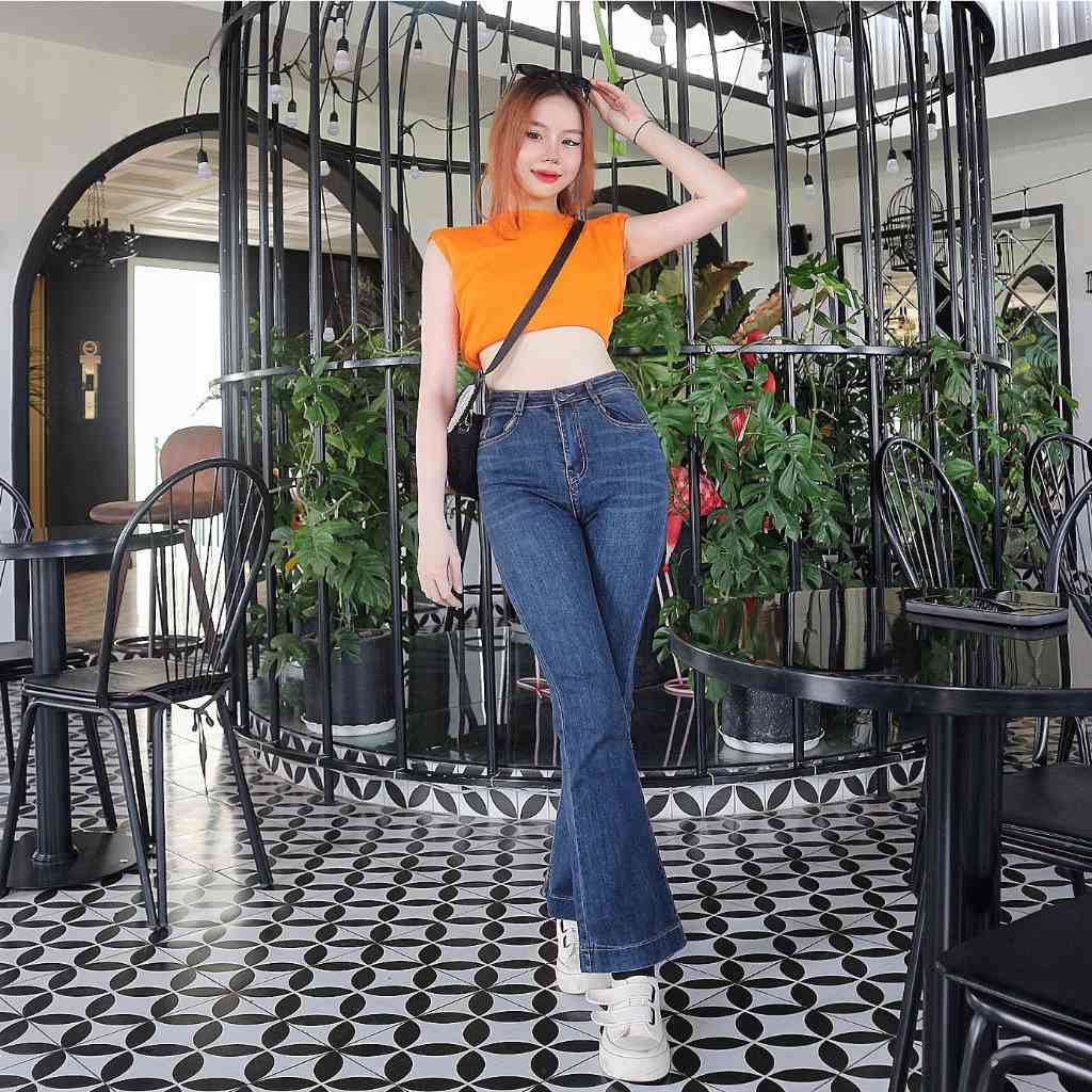 Quần jeans nữ dài ống loe lai bản to 4 phân cạp cao tôn dáng Callene (L1874)