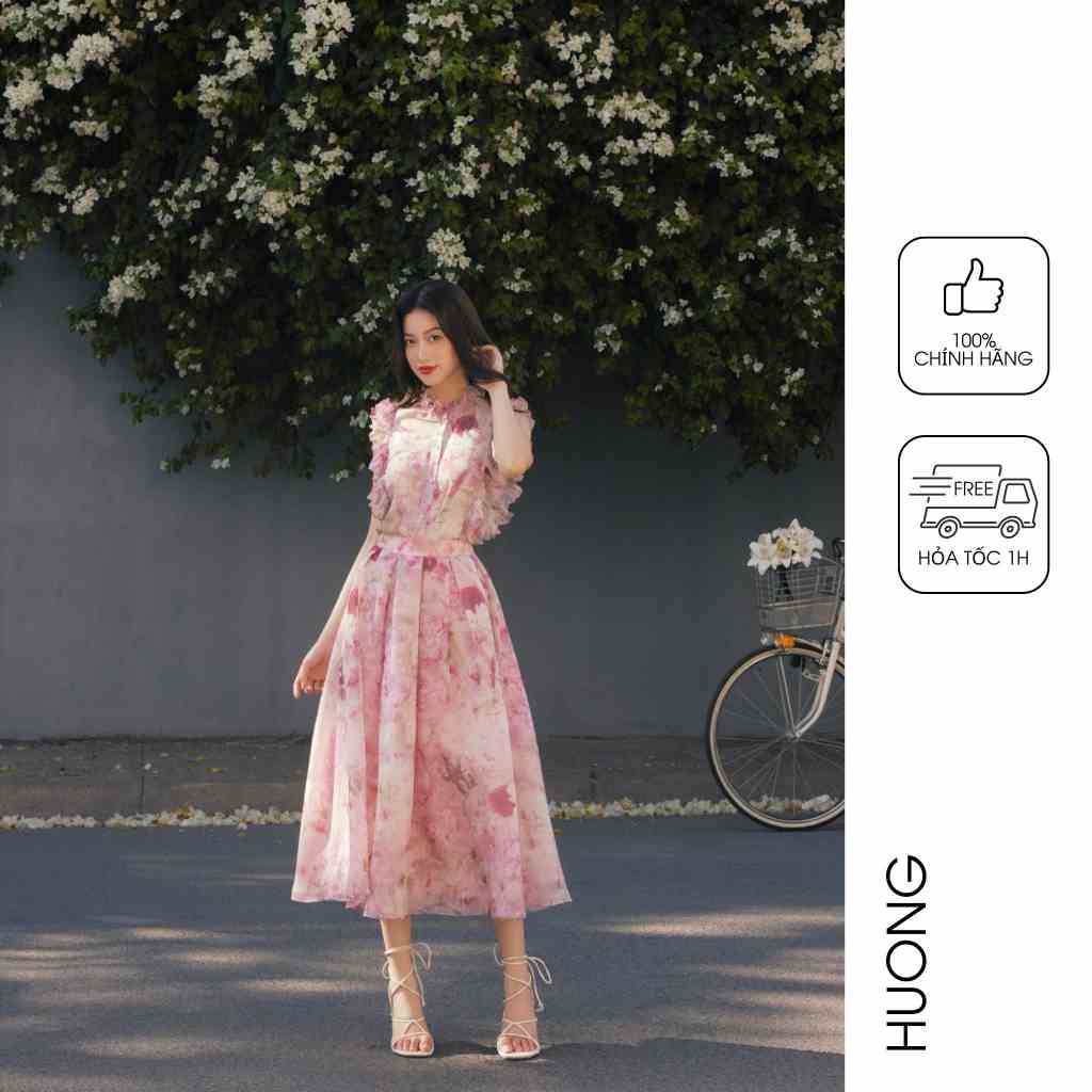 Áo tơ hoa tay bèo dập li HUONG BOUTIQUE HBSM1074