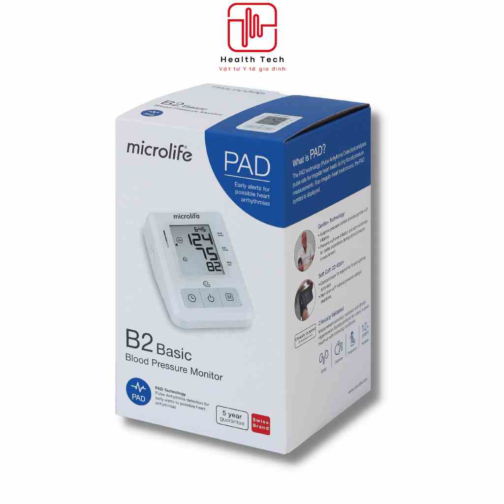 Máy đo huyết áp tự động Microlife  B2 Basic CN bơm thông minh Gentle+, cảnh báo rối loạn nhịp tim PAD - Health Tech