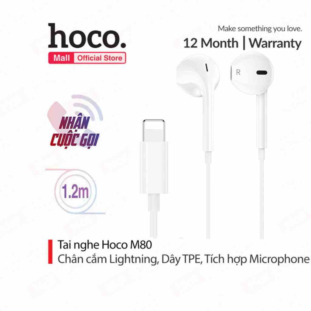 Tai nghe Hoco M80 dành cho điện thoại iPhone, âm thanh sống động, có mic đàm thoại, dài 120CM