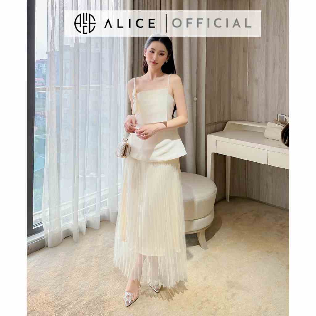 Set Tiểu Thư Áo 2 Dây Đính Cúc Đá Cao Cấp Phối Chân Váy Xòe Lưới Dập Li ALICE Điệu Đà Nữ Tính S266