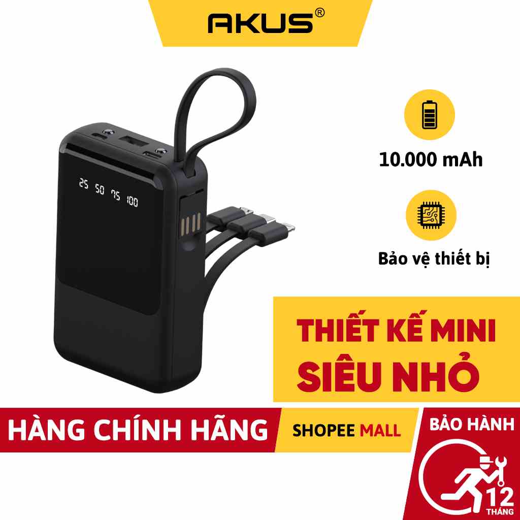 Sạc dự phòng 10000mah akus-dp150 tích hợp đèn led, thiết kế mini siêu nhỏ