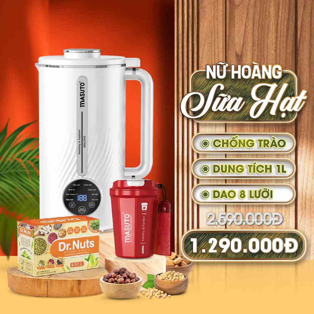 Máy làm sữa hạt Masuto 1L xay các loại hạt siêu nhuyễn mịn chống trào, 8 chế độ nấu, dễ vệ sinh, bảo hành 12 tháng