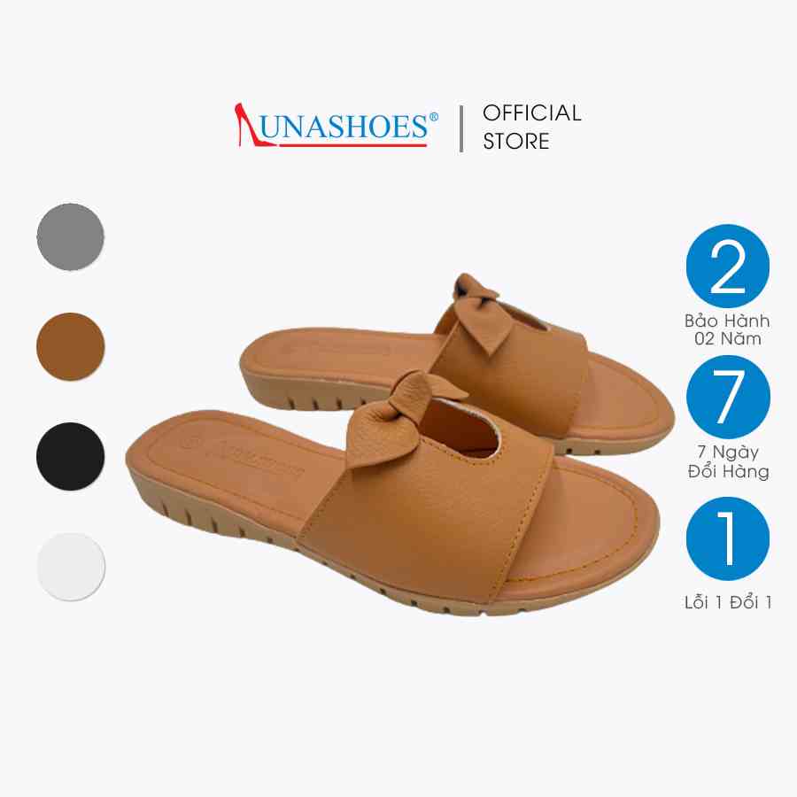 Dép lê nữ đế bằng 2p LUNASHOES 3104 da bò mềm êm chân mũi hở có nơ quai ngang thoáng mát bảo hành 2 năm