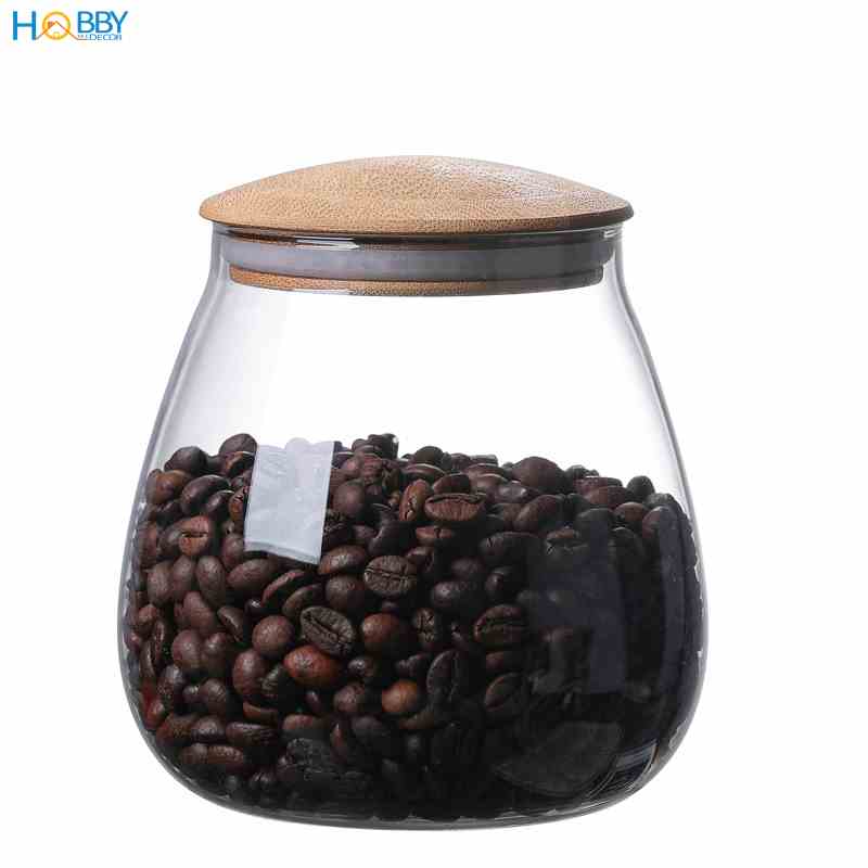 Hủ thủy tinh đựng hạt nắp gỗ tre hình bầu Hobby Home Decor HBG có ron cao su - dung tích tùy chọn