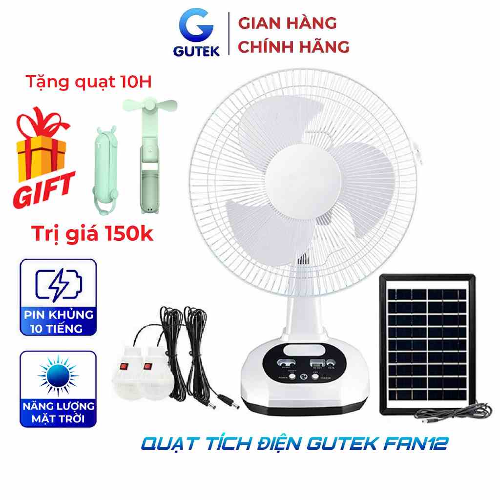 Quạt sạc tích điện năng lượng mặt trời Gutek FAN12 pin 4500mah dùng 10 tiếng để bàn lợi tặng kèm 2 bóng đèn sáng