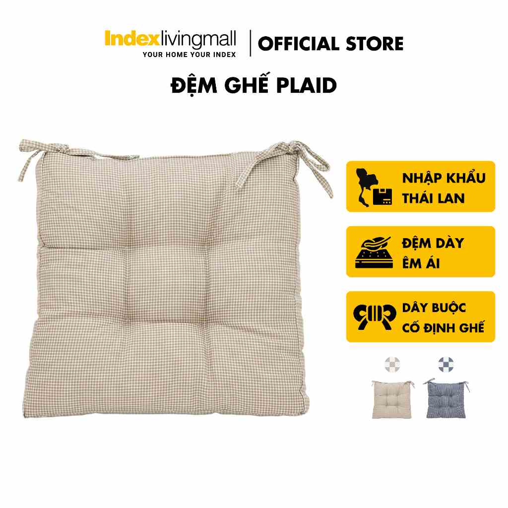 Đệm vuông ngồi bệt, gối lót ghế, tựa lưng sofa có dây buộc PLAID nệm bọc vải polyester màu be, kích thước 45x45x9cm