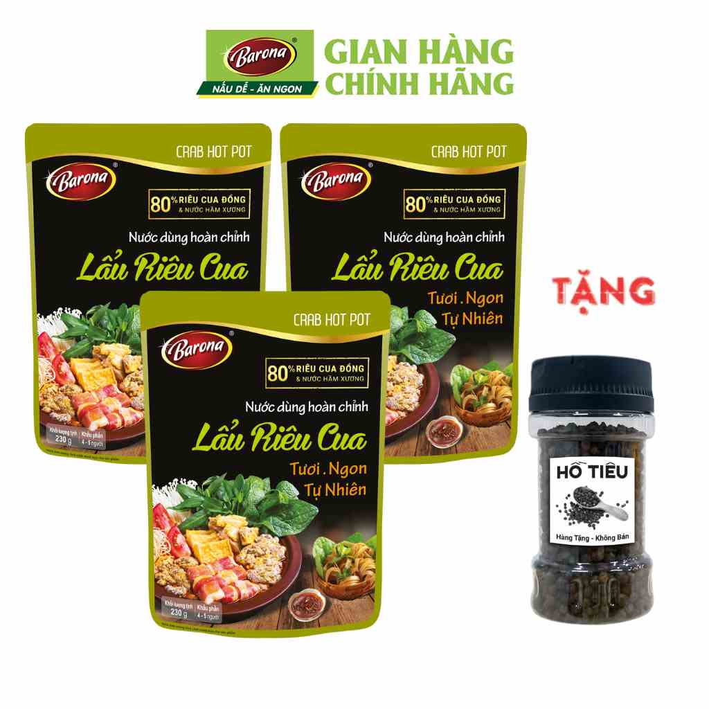 Combo 3 gói Nước dùng Lẩu Riêu Cua Barona 230g, Tặng tiêu hạt