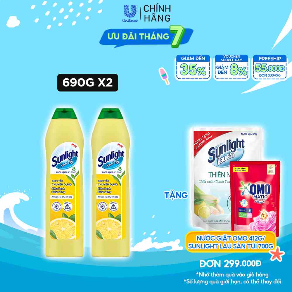 Combo 2 Kem tẩy chuyên dụng Sunlight|Phiên bản nâng cấp từ Cif|Siêu sạch Siêu sáng|Chai 690g