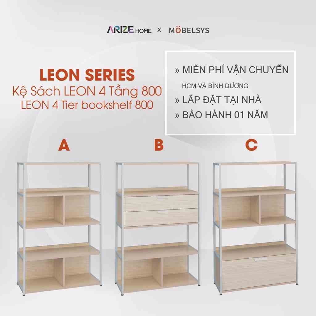 [Mã BMLTB200 giảm đến 100K đơn 499K] Kệ Sách Gỗ Có Khung Kim Loại ARIZE Mobelsys Leon 4 Tầng 800*1308