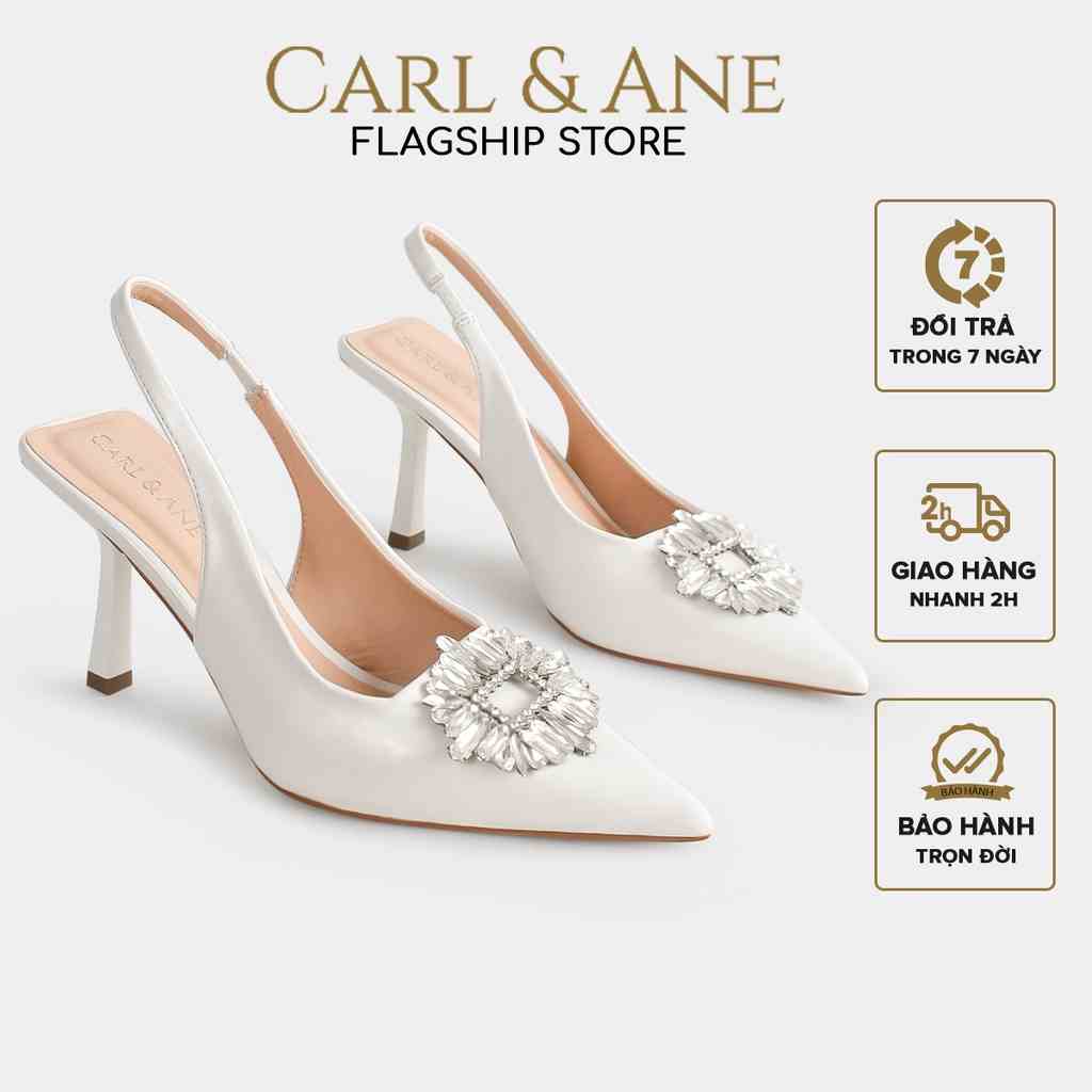 Carl & Ane - Giày Slingback mũi nhọn đính đá pha lê sang trọng dự tiệc cao 8cm màu trắng - WD002