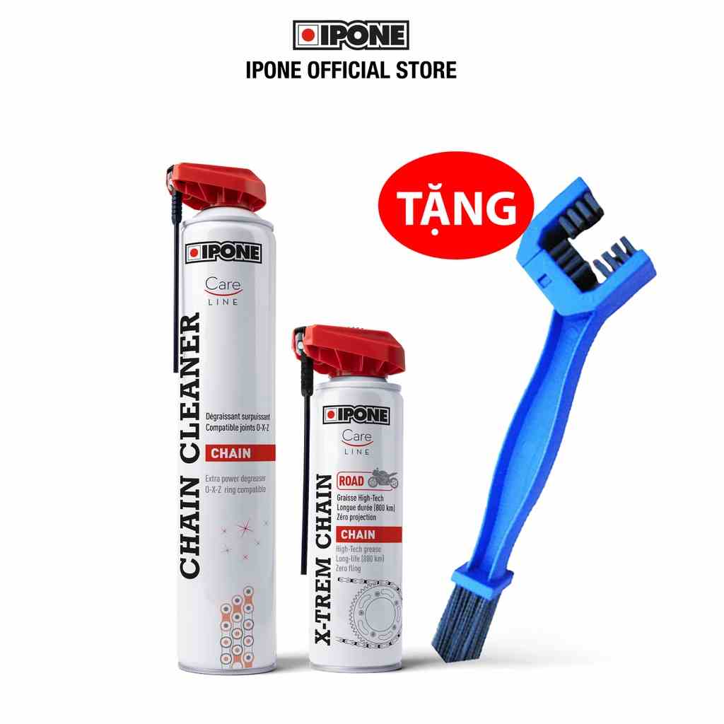 Combo Chăm sóc sên Ipone Dưỡng sên X-trem Chain 250ml + Rửa sên Chain Cleaner 750ml + Bàn chà sên 3D