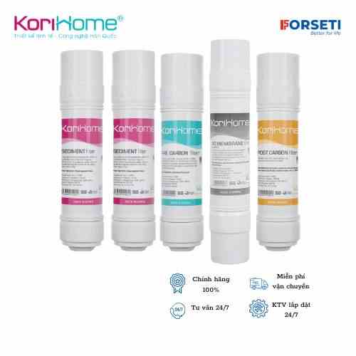 Combo 5 lõi lọc nước Korihome (2 sediment + 1 precarbon+1 postcarbon+1 màng RO) hệ lõi cắm nhanh