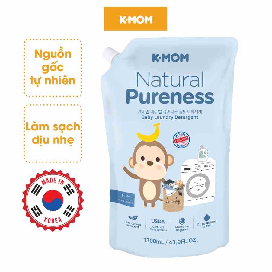 Nước giặt đồ sơ sinh hữu cơ K-Mom Hàn Quốc thành phần tự nhiên dịu nhẹ túi 1300ml