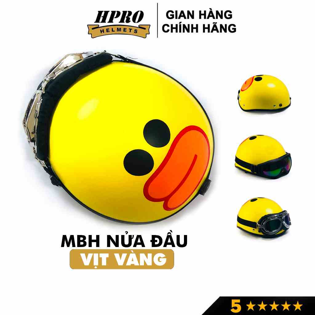 Mũ bảo hiểm nửa đầu Hpro Helmet, tem Vịt Vàng ngộ nghĩnh, nón unisex nam nữ freesize(55-59cm), kèm kính UV, phi công