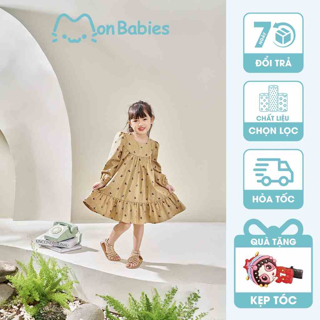 Váy babydoll bé gái dài tay, váy hè cho bé gái chất cotton nhẹ mát, cho bé 2,3,4,5,6 tuổi MonBabies VDG22w05