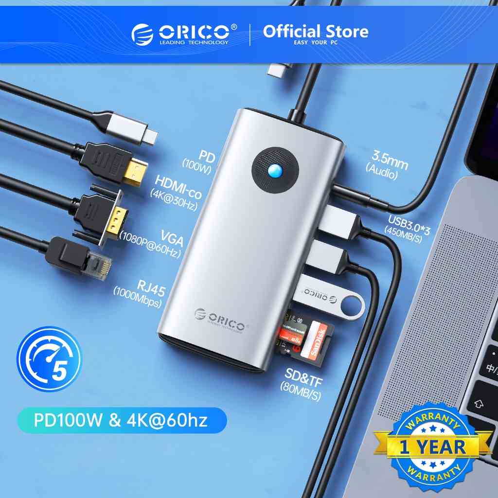 Hub chuyển đổi ORICO PW11 chia cổng USB C 8K 60Hz PD100W 8 trong 1 thích hợp cho Macbook/ Dell/ HP/ Surface/ Lenovo